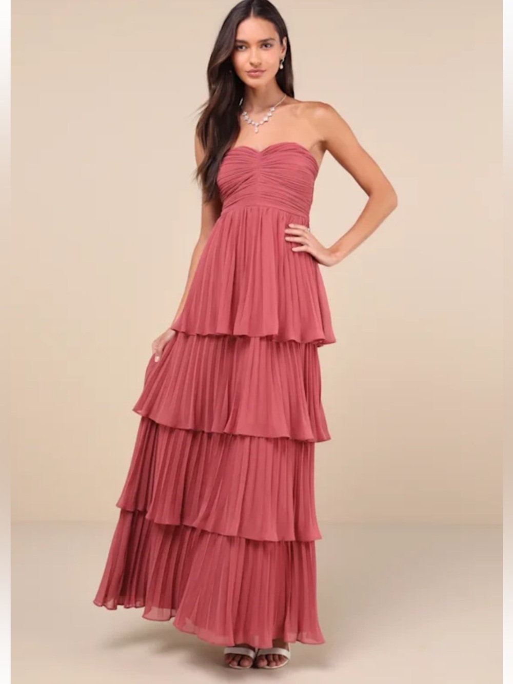 NWT Lulus Seriously Sensational Rusty Rose Strapless Tiered Maxi Dress - Picture 1 of 7
